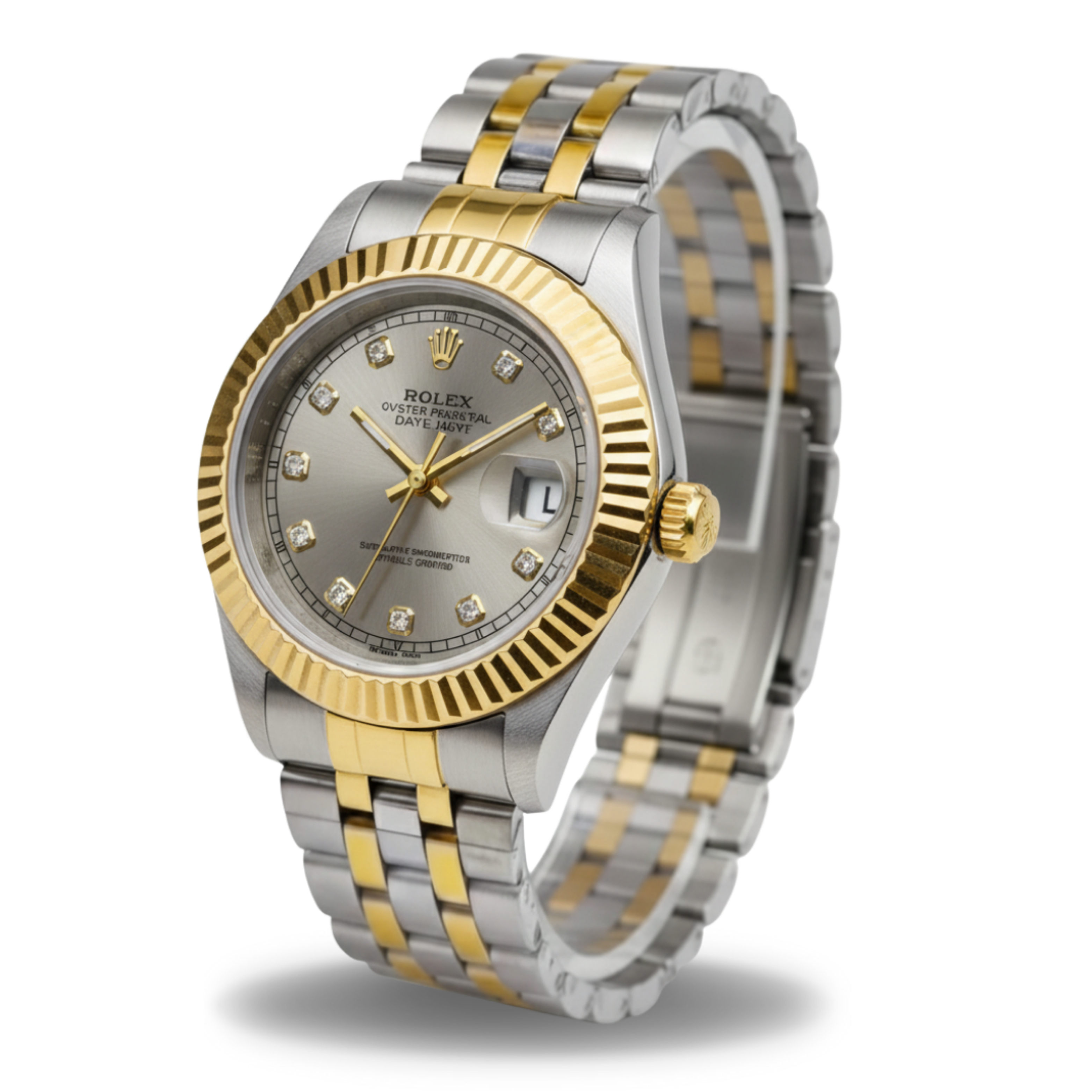 Two-tone silver and gold watch with diamond-studded face on a white background