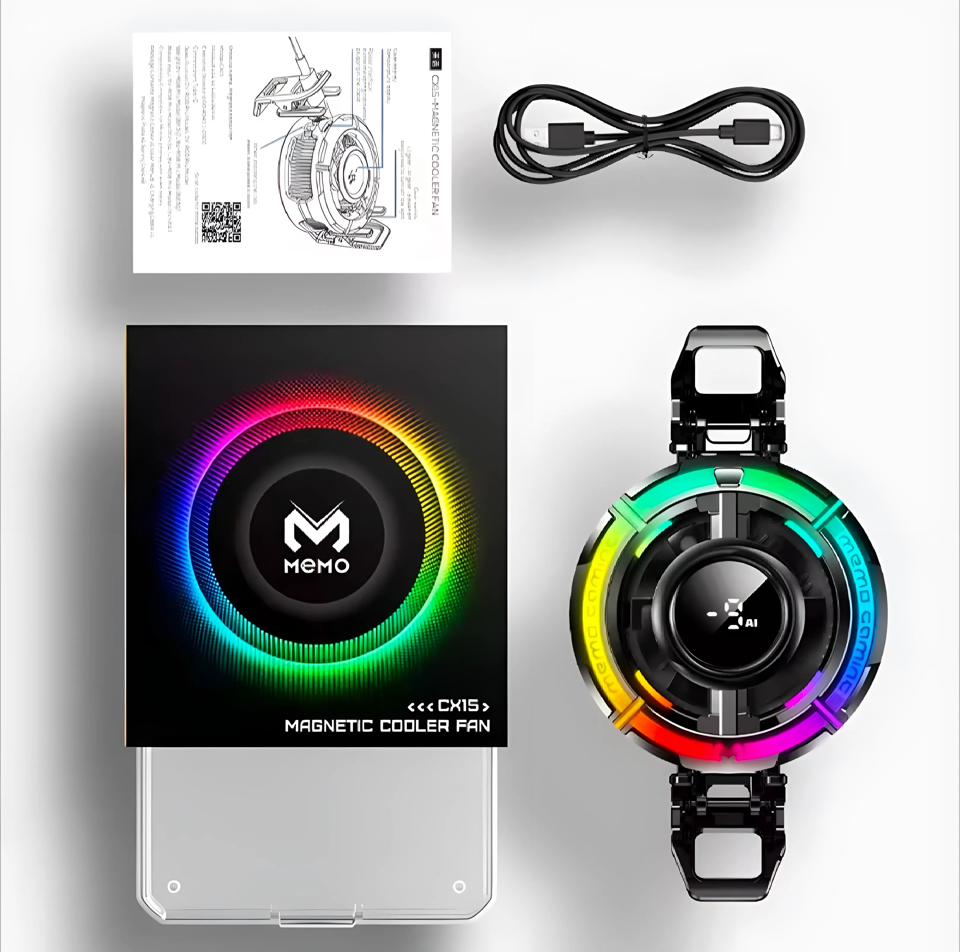 Memo CX15 RGB mobile cooling fan with LED display and magnetic grip

AI smart radiator for mobile gaming with temperature control
